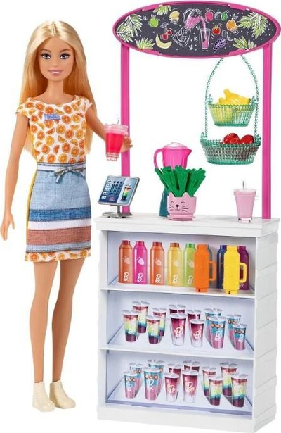 Set lodër Barbie Smoothie Bar, me kukull bionde, me aksesorë shumëngjyrësh