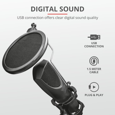 Mikrofon Trust GXT 232 Mantis, USB, me tripod dhe pop filter, i zi