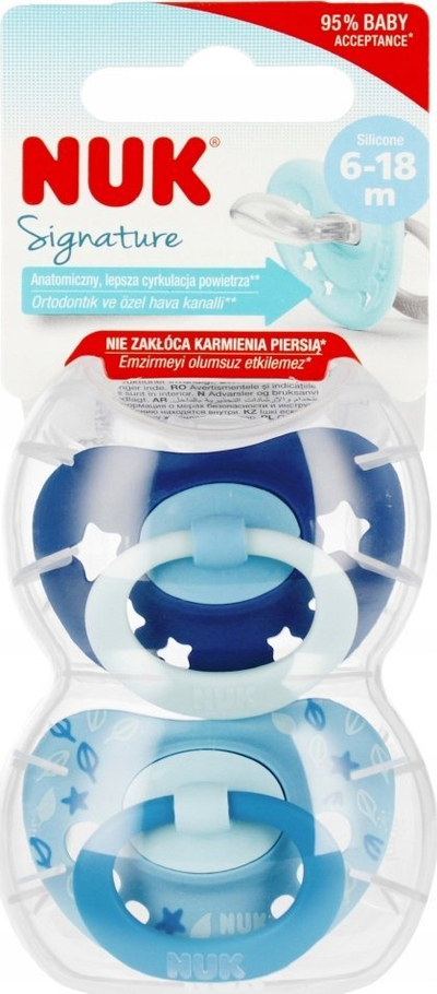 Qetësues për bebe NUK Signature, silikon 6-18 mujsh, set me 2 copë, blu