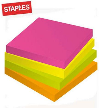 Letra ngjitëse Staples (C71782), 76 x 76mm, Neon, 12 x 100 fletë