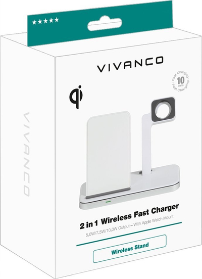 Karikues wireless Vivanco 2 në 1, 10W, me mbajtëse për Apple Watch, i bardhë