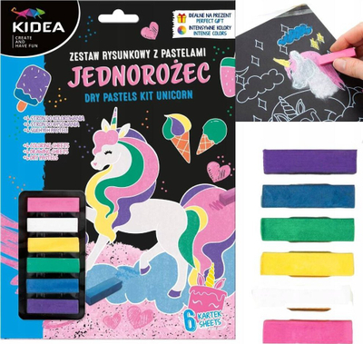 Set pastelash të thatë Kidea Unicorn, 6 ngjyra, 6 fletë vizatimi