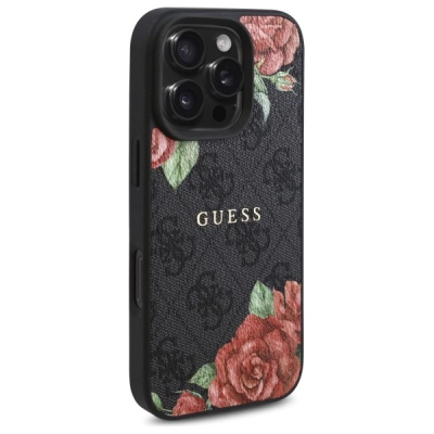 Mbulesë telefoni Guess 4G Flowers, MagSafe, për iPhone 16 Pro Max 6.9", e zezë