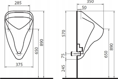 Urinal muri Geberit Alex, hyrje uji nga lart, dalje nga mbrapa, i bardhë