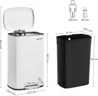 Kosh plehrash me pedale SONGMICS, 50L, çelik inox, i bardhë