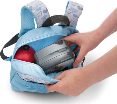 Çantë shpine për kalamaj Nici Travel Friends, me lodër rakun pelush, 25 cm, blu e çelët