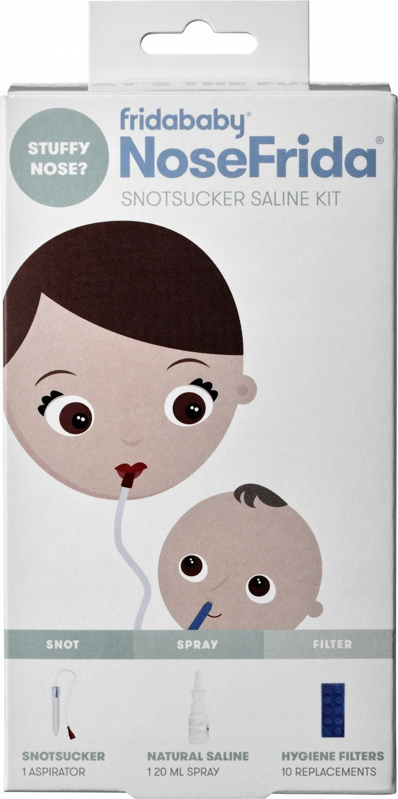 Set aspirator hunde për bebe Fridababy NoseFrida, spraj fiziologjik 20 ml, filtra zëvendësues, i bardhë