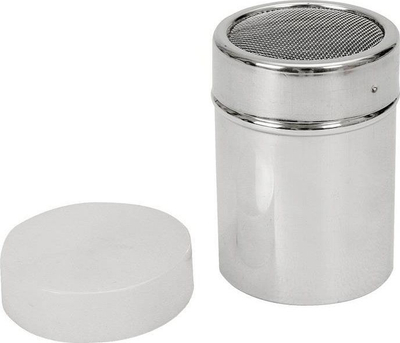 Enë inox me sitë për sheqer pluhur, kapak, argjendtë