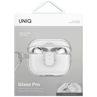 Mbrojtëse kufjesh Uniq Glase Pro për AirPods Pro 2, TPU, me karabinë, transparente