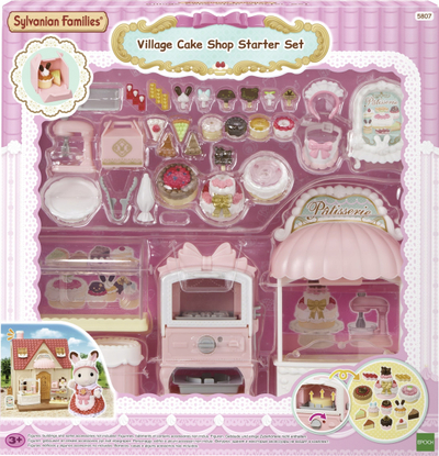 Set lojërash Sylvanian Families Village Cake Shop Starter Set 5807, me aksesorë pastiçerie, shumëngjyrësh
