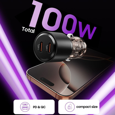 Картач за автомобил Tech-Protect CC03, 2 USB-C PD 100W порти, црн