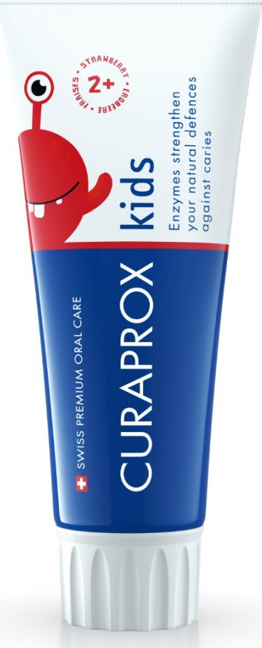 Pasta e dhëmbëve për kalamoj Curaprox Kids me shije luleshtrydhe, pa fluor, 60 ml