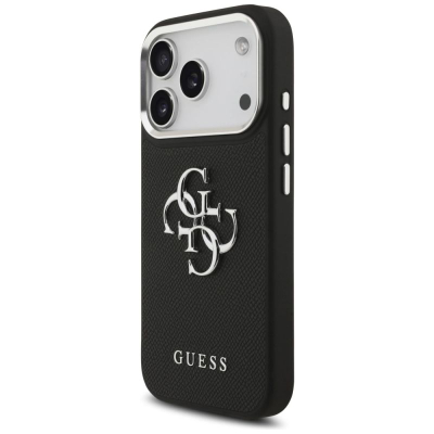 Këllëf telefoni Guess Hardcase 4G Grained Classic Logo për iPhone 17 Pro, TPU me lëkurë eko, i zi
