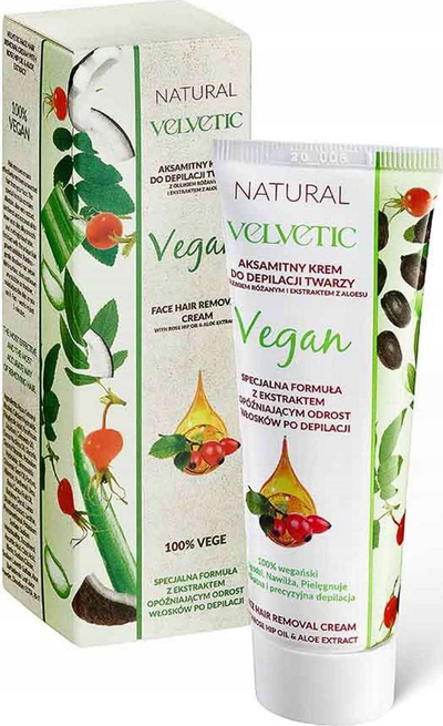 Krem për depilim fytyre Velvetic Natural Velvety, me vaj trëndafili dhe aloe, vegan, 50 ml