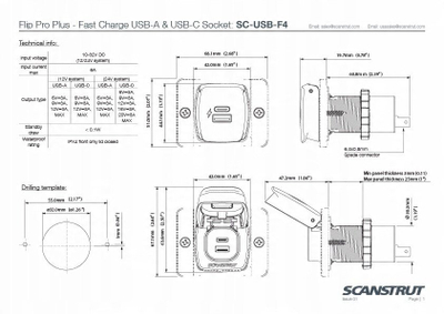 Prizë karikimi detare Scanstrut Flip Pro Plus, USB A edhe USB C, 12V / 24V, e zezë