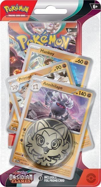 Kuti letra loje Pokémon TCG Scarlet and Violet Obsidian Flames Premium Checklane, booster, kartë promo foil