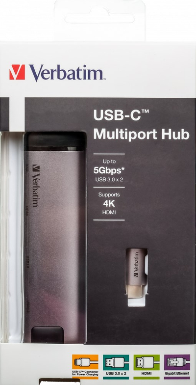 USB C хаб Verbatim 3.1 Gen, повеќепортен, HDMI RJ45 USB, сив