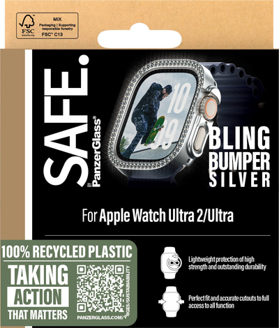 Kornizë mbrojtëse SAFE by PanzerGlass Bling Bumper, për Apple Watch Ultra 2 Ultra, TPU, argjendtë