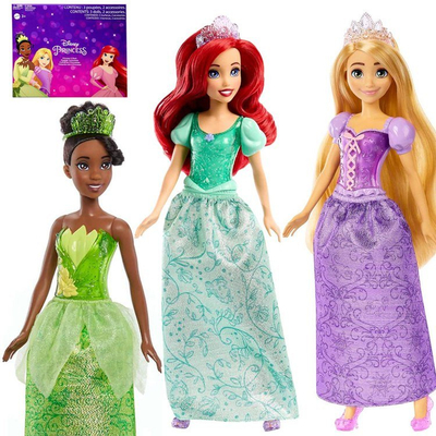 Set kukullash Mattel Disney Princess HLW4, Tiana Rapunzel Ariel, 3 copë, me aksesorë