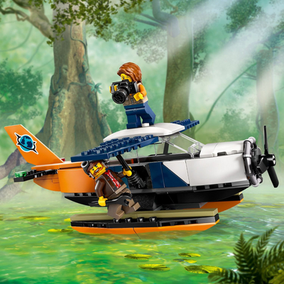 Lodër ndërtimi LEGO City Jungle Explorer Water Plane 60425, aeroplan ujor, 2 minifigura, portokalli me të bardhë
