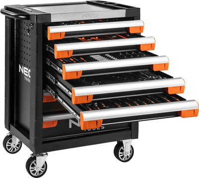Karrocë veglash NEO Tool Cabinet 7 sirtarë Pro, 174 pjesë, me rrota, e zezë