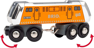 Tren lodër BRIO lokomotivë e madhe mallrash me vagon, dru edhe metal, me vagon, portokalli