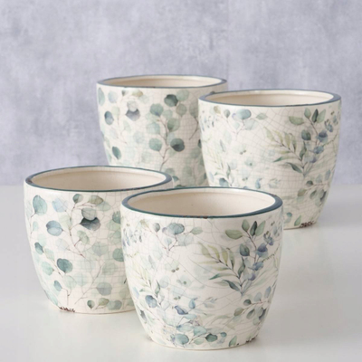 Set vazo qeramike Boltze, stoneware, 11 cm dhe 14 cm, me gjethe, të bardha