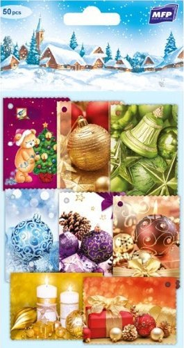 Etiketa dhuratash MFP për Krishtlindje, set me 50 copë, me motive festive, shumëngjyrëshe