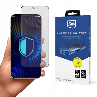 Mbrojtëse ekrani 3MK HardGlass, për iPhone 17 Air 17 Pro, matt Max Privacy, me kornizë të zezë