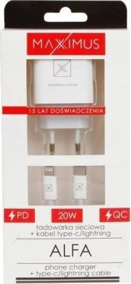 Ѕиден полнач Maxximus Alfa 20W, PD QC, USB A USB C, бел