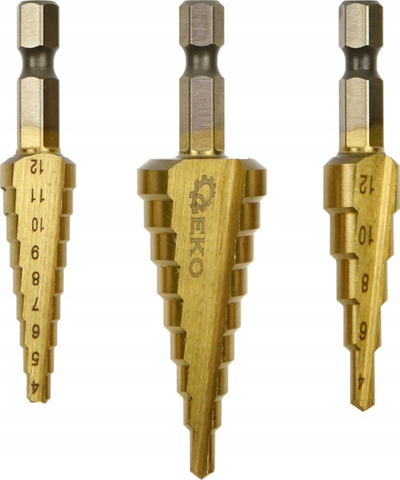 Set freza konike Geko G38570, 3 copë, HEX 1/4", çelik HSS me titani
