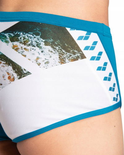 Rroba banje për burra Arena Planet Low Waist, MaxLife Eco, UV 50+, blu me të bardhë