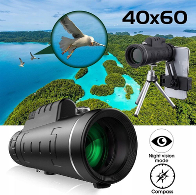 Teleskop monokular Apexel 40x60, diametër 60mm, me tripod dhe mbajtës telefoni, i zi