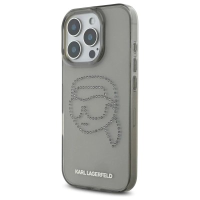 Maskë telefoni Karl Lagerfeld IML Rhinestones Karl Head, për iPhone 16 Pro Max 6.9", transparente, e zezë