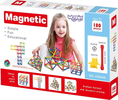 Lodër magnetike për ndërtim Woopie, 180 copa, me ngjyra të ndryshme