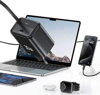 Karikues muri USAMS CC241, 30W GaN PD QC, USB C me kabllo me tërheqje, i bardhë