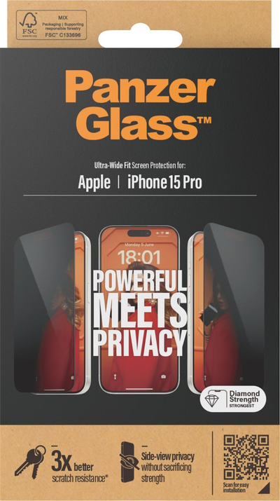 Mbrojtës ekrani PanzerGlass Privacy për iPhone 15 Pro, Ultra-Wide Fit, i errët