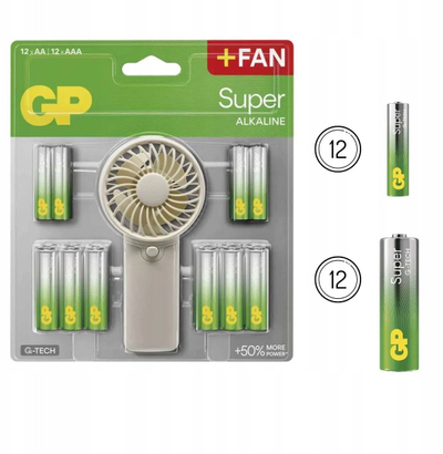 Pako bateri GP Super Alkaline, 12x AAA, 12x AA, me ventilator falas