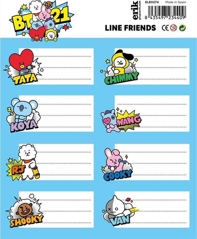 Stickers BT21 Line Friends, set me 16 etiketa vetëngjitëse, me ngjyra nga të gjitha
