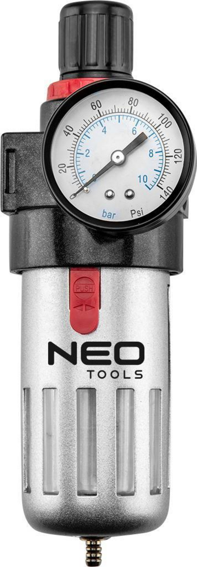 Filtri ndarës uji me rregullator Neo Tools 14-732, 1/2", strehim metalik, gri e zezë
