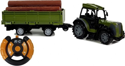Lodër traktor me pult Lean Toys, 50cm, me rimorkio dhe trungje druri, i gjelbër