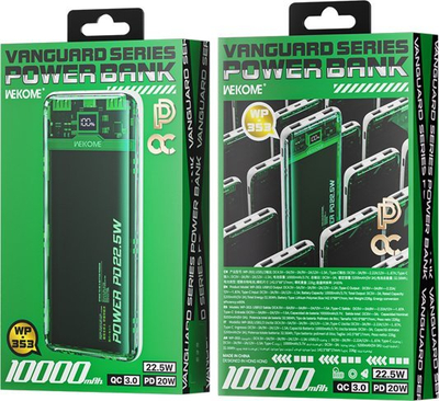 Надворешна батерија WEKOME WP-353 Vanguard, 10000mAh, PD 20W QC 22.5W, зелена