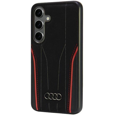 Futrollë Audi Genuine Leather për Samsung Galaxy S24, MagSafe, lëkurë natyrale, e zezë me të kuqe