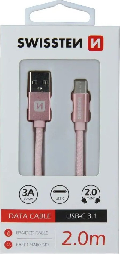 Кабел за податоци Swissten USB A во USB C, 2 m, пренос 3A, црна