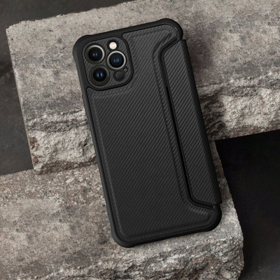 Këllëf libri Razor për iPhone 16 Pro, lëkurë eco, xhep për kartë, i zi