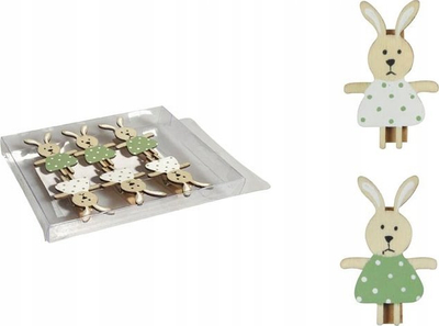 Kapëse druri për dekor Bunny, 4.5 cm, set me 6 copë, jeshile edhe të bardha