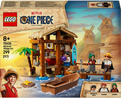 Set LEGO ONE PIECE Kasollja e Fshatit me Mullinj me Erë, skenë buzë detit, me varkë piratësh, shumëngjyrëshe