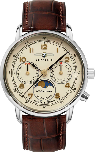 Рачен часовник за жени Zeppelin Mediterranee Moonphase Lady 9637-5, кварцен, водоотпорен 50 m, беж кафеава