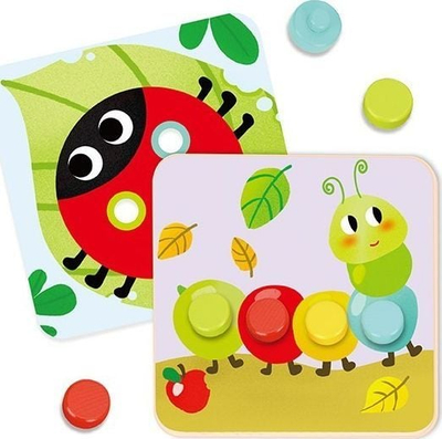 Lojë druri me kunja Tooky Toy Pattern Pegs Big, edukative, me figura insektesh, shumëngjyrëshe