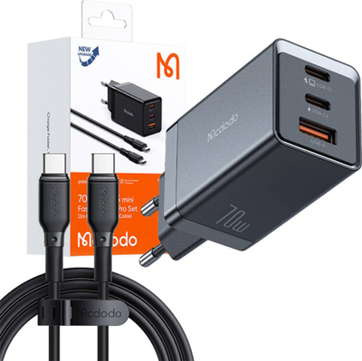 Karikues muri Mcdodo GaN CH-1543, 70W, 2x USB-C 1x USB, me kabllo USB-C 2m, i zi